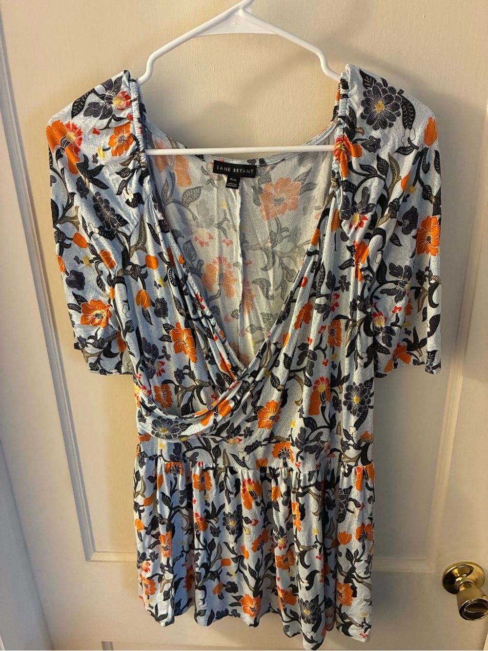 Lane Bryant Light Blue Floral Wrap Top with Orange and Black Print